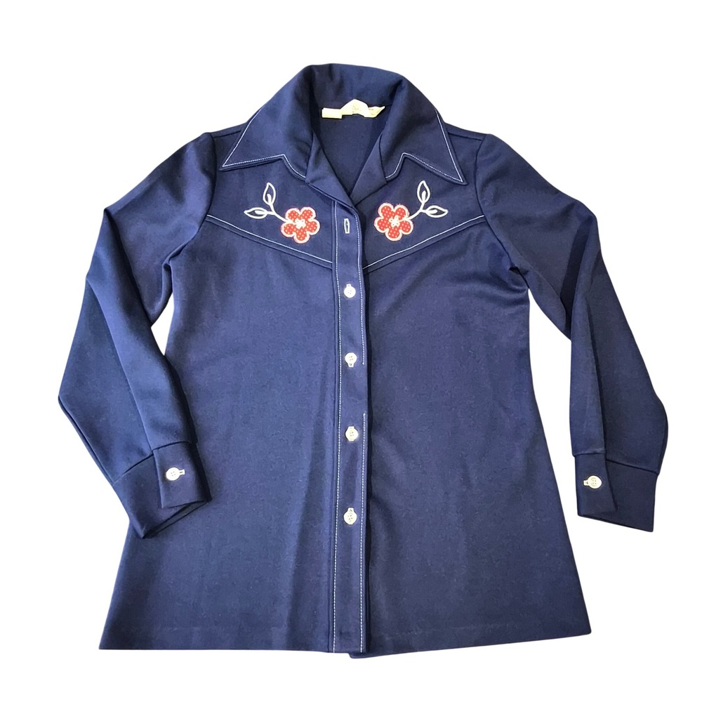 Vintage JCPenney Fashions Navy Blue Floral Embroidered 70s Polyester Shirt 10